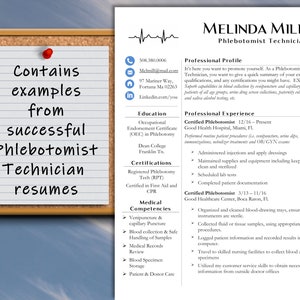 May include: A resume example for a Phlebotomist Technician, pinned to a corkboard with a red pushpin. The resume includes professional experience, certifications, and medical competencies. Text on the board reads "Contains examples from successful Phlebotomist Technician resumes."