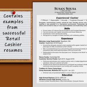 May include: A resume for a retail cashier with experience working at Mainstay Large Supermarket and Necco Candy. The resume highlights skills such as customer service, cash register transactions, and complaint resolution. The resume also includes education information from Abraham Lincoln High School.