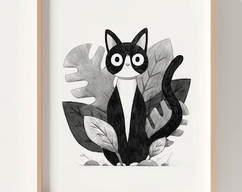 Tuxedo Cat Plant Sketch Print: Whimsical Black and White Art