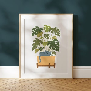 Gray Cat Art Print Plant Lover Gift Wall Art Cat Nursery Decor Plant Mom Gift Cat Print Grey Kitty Crazy Cat Lady Poster Gray Cat Owner Gift