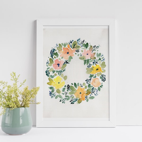 Flower wreath in nice spring summer colors. Original watercolor illustration. Handmade poster for your interior or as a gift. Free shipping