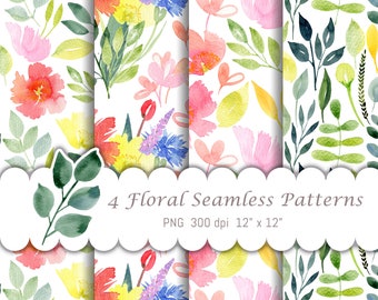 Summer floral pattern, Watercolor floral seamless pattern, Digital paper, Repeat pattern, Scrapbook paper, Commercial use PNG, Bright flower