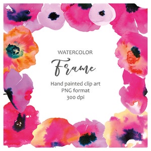 Cadre floral de coquelicot, Clipart de coquelicots floraux à l’aquarelle, Invitation de mariage à fleurs brillantes, Conception de carte postale, Cadre rose, PNG Utilisation commerciale