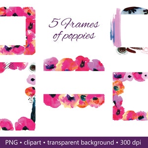 Ensemble de clipart coquelicots floraux aquarelle, cadre aquarelle png, cadre floral coquelicot, faire-part de mariage fleur lumineuse, utilisation commerciale au Format PNG