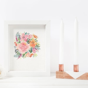 Ramo de hermosas flores rosas de verano. Ilustración acuarela original. Cartel hecho a mano para su interior o como regalo. Envío gratis