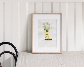 No rain, no flowers. Bouquet of tulips in rubber boots. Original watercolor illustration with lettering. Handmade poster for your interior.