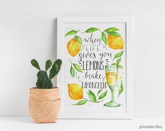 When life gives you lemons Quotes, Printable watercolor art Instant dowload, Lemon digital art, Seasonal wall decor, Summer spirits quotes