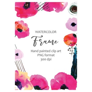 Poppy watercolor floral frame, Postcard design, Bright flower clipart, Wedding Invitation, Pink frame, PNG format Commercial use