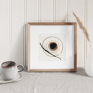 Kaffeetasse von oben mit Vanillestange. Original Aquarell Illustration für Ihr Interieur. Dekoelement für die Küche oder das Wohnzimmer.