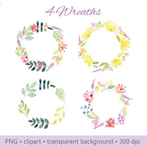 4 x Watercolor flowers wreath clipart, Summer flowers wreath, Watercolor floral wreath, Small set, Watercolor wreath png, Commercial use.