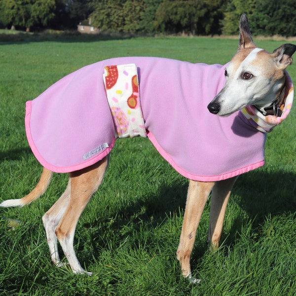 26" Lilac & Doughnut Print Fleece Sighthound Whippet Lurcher Handmade Dog Coat Cute Girly Donut Pink White