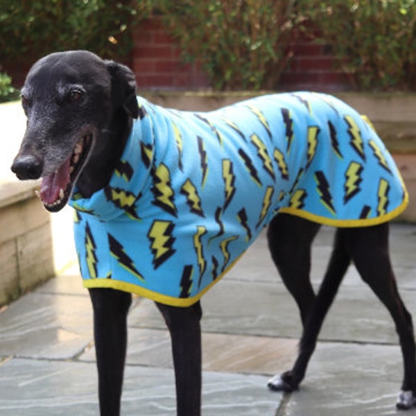 Plusieurs tailles Lightning Bolt Flash Print Bleu Jaune Polaire Sighthound Whippet Lurcher Manteau pour chien fait à la main