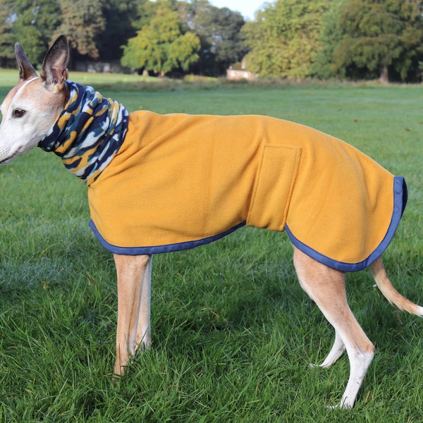 Multiple Sizes Snood and Coat Mustard Blue Camo Fleece Sighthound Greyhound Dog Coat with Separate Snood