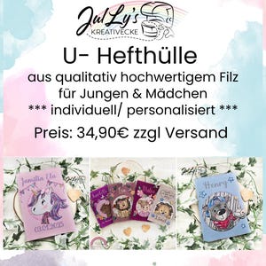Könnte beinhalten: Vier personalisierte Filz-Hefte mit verschiedenen Tiermotiven. Die Hefte sind rosa, lila, braun und blau. Die Hefte zeigen ein Einhorn, einen Bären, einen Löwen und einen Bären mit einem Pilotenhut. Der Text auf den Heften lautet "Jamilia Ela 03.01.2025", "Charlotte Lea", "Malea 1. Sonel" und "Henry".