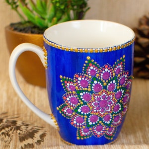 Blue ceramic mug, Hand painted coffee cup, Mandala ceramic mug, Tea cup hand painted on both sides, Housewarming gift, Mug with pattern,Gift