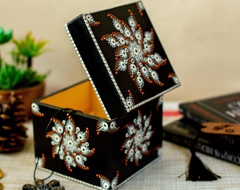 Wooden jewelry and accessory box with the classical combination of black and white colours; Uniquely designed mandala art box; Home decor