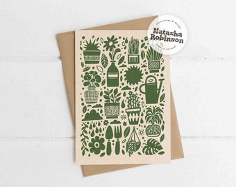 Grow | Gardening A6 Blank Lino Cut Greetings Card | House Plants Vegetables Fruit Pots Friend Blank Thank You Birthday