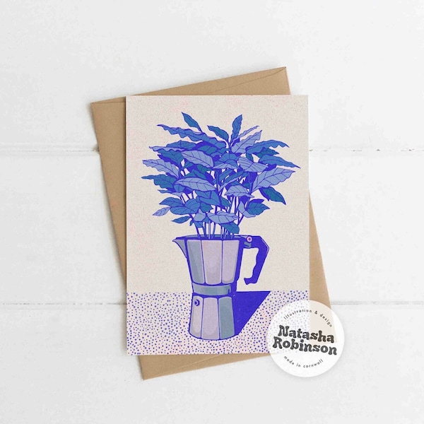 Blauwe koffie A6 blanco wenskaart | Percolator Cafe Thee Verjaardag Vriend Blanco Bedankt Nieuw huis