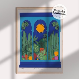 Jardin bleu | Jardin Majorelle Maroc | Affiche d'art mural de voyage à Marrakech, impression d'illustration A4, arche, jardin vibrant, cactus coloré, soleil