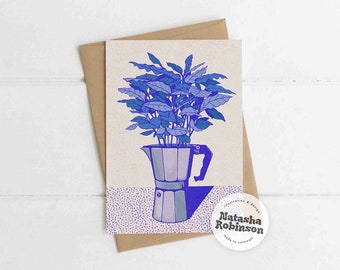 Blue Coffee A6 Blank Greetings Card | Percolator Cafe Tea Birthday Friend Blank Thank You New Home