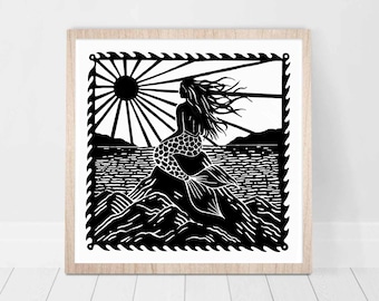 Mermaid | Linocut Wall Art Illustration Print | Wild Sea Swimming Cornwall Bude Black Rock Zennor | Square Home Hecor