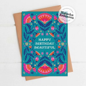 Joyeux anniversaire belle | Carte de voeux A6 | Bleu sarcelle et rose folk floral soleil décoratif illustré vibrant funky original fait main