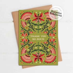 Heel erg bedankt | A6-wenskaart | Dank je wel, bedankt groen roze helder kleurrijk bloemen folk geïllustreerd funky handgemaakt