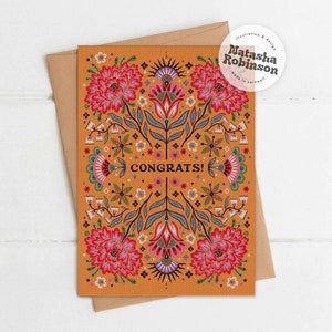 Gefeliciteerd! | Gefeliciteerd kaart, goed gedaan wenskaart, examens, rijexamen, nieuwe baan, folk bloemen zon decoratief levendig funky handgemaakt