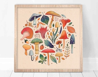 Forest Square Art Print | 'Mushrooms & Fungi' | Illustration Wall Print Funky | Home Decor Nature Woods Foraging Fungus Spore