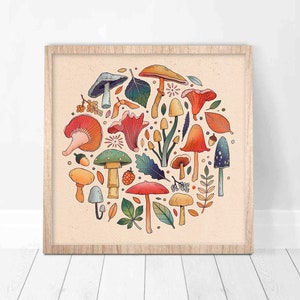 Forest Square Art Print | 'Mushrooms & Fungi' | Illustration Wall Print Funky | Home Decor Nature Woods Foraging Fungus Spore