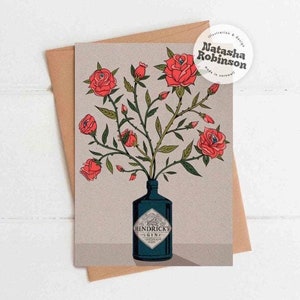 Carte de voeux A6 Roses & Hendricks Gin | Pour elle, rose rouge, fleur, anniversaire, ami, blanc, merci, nouvelle maison
