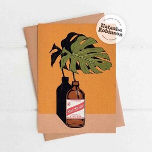 Monstera & Rot Streifen jamaikanische A6 Grußkarte | Käsepflanze Tropisch Jamaika Karibik Geburtstag Freund Blanko Danke Neues Zuhause