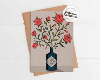 Roses & Hendricks Gin A6 Greetings Card | For Her Red Rose Flower Birthday Friend Blank Thank You New Home