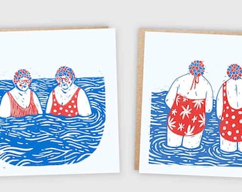 Set of 2 Designs | Swimming Ladies Square Blank Greetings Cards | Lino Style Illustrated Art | Pool Sea Wild Cold Water Cornwall Friendship