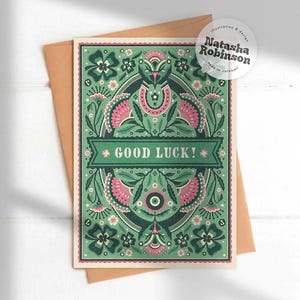 Buona fortuna / Biglietto d'auguri A6 / Nuovo lavoro, viaggi, nuova casa, esami, fortuna, verde, rosa, brillante, colorato, floreale, popolare, illustrato, funky, fatto a mano