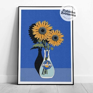 Jarrón de girasoles / Arte colorido y peculiar dibujado a mano, flores brillantes, arte colorido, impresión artística vibrante, impresión artística de cocina, pared de galería