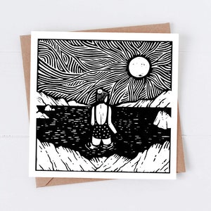blank card featuring a wild swimmer with a colourful backdrop
