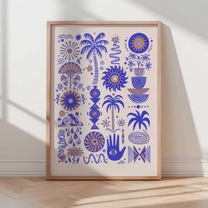 Lámina de siete soles / A3 A4 / Palmera Geométrica Cósmica Clima Retro Audaz Sol Boho Naturaleza Tierra Flor Salvaje Azul Dorado Abstracto