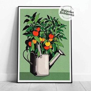 Tomato Plant and Watering Can | Gardening Gardener Wall Art Decor Illustrated Print A3 A4 | Bold Funky Vibrant Quirky