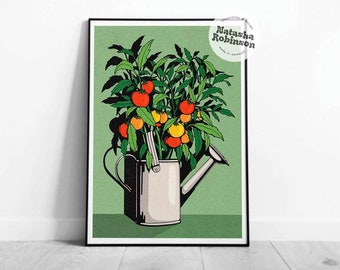 Tomato Plant and Watering Can | Gardening Gardener Wall Art Decor Illustrated Print A3 A4 | Bold Funky Vibrant Quirky