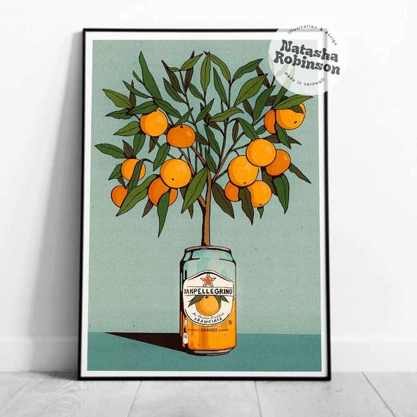 Orange Tree & San Pellegrino | Kitchen Wall Art Home Decor Illustrated Print A2 A3 A4 | Bold Retro Vintage Funky Vibrant Quirky Poster