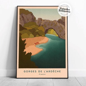 Gorges De L' Ardeche | Pont D'Arc, South France | Travel Poster Wall Art Illustration Illustrated Print A3 A4 Canoe Arch River Minimal Decor