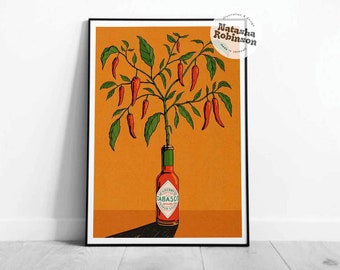 Hot Sauce & Chilli Wall Art Illustratie Geïllustreerde Print A5 A4 Mexico Mexican Kitchen Spice
