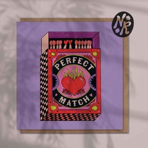 Perfect Match | Anniversary Card, Fun Wedding Card, Bright Colourful Love Card, Card For Couples, Funky Engagement Card, Vibrant Tattoo Bold