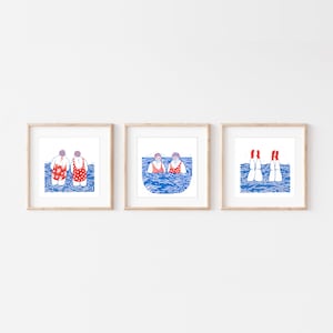 Set of 3 Swimming Ladies Square Lino Style Art Illustration Print | Pool Sea Cornwall Hats Wild Friendship | Square Wall Art