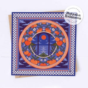 Sinaasappeltuin | Lege vierkante wenskaart | Oranjebloesem Marineblauw Boogpatroon Verjaardag Vriendschap Bedankt Gefeliciteerd, gewoon omdat
