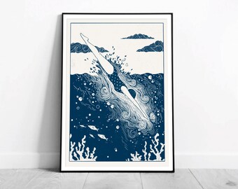 Into The Deep | Sea Swimming Diving Art Illustration Print | Pool Wild Open Water Cornwall Lino Style | A3 A4 Wall Home Decor