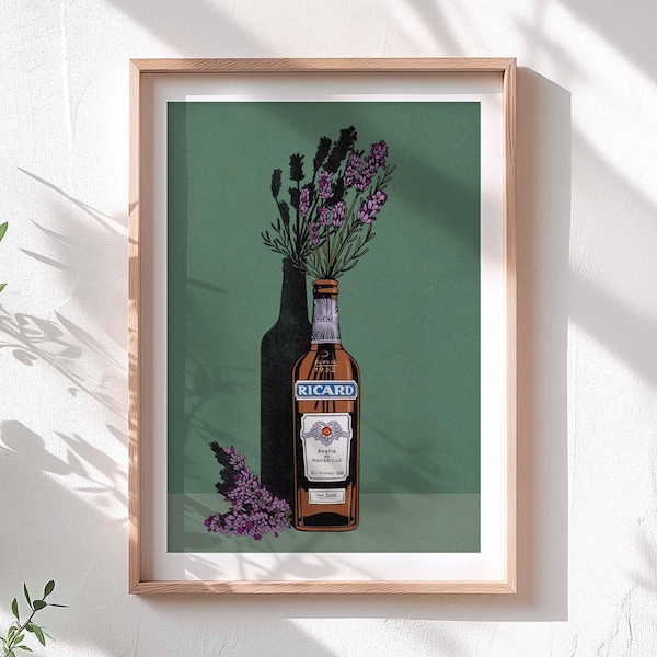 Lavender & Ricard Pastis Wall Art Illustration Illustrated Print A3 A4 A5 Bold Funky French South France Provence Marseille