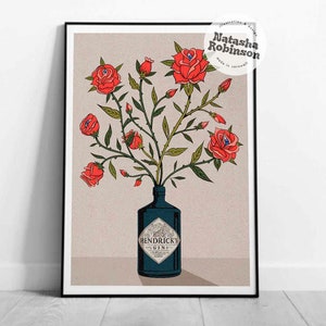 Red Roses and Hendricks Gin Wall Art Illustration Illustrated Print A3 A4 Bold Funky | A3 A4 A5