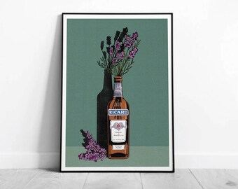 Lavender & Ricard Pastis Wall Art Illustration Illustrated Print A3 A4 Bold Funky French South France Provence Marseille
